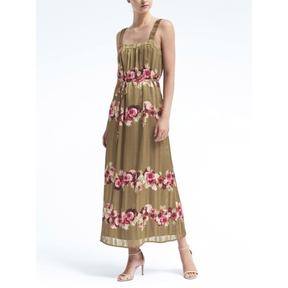 Banana Republic Dresses & Skirts - Banana Republic Flowy Army Green Floral Dress 6